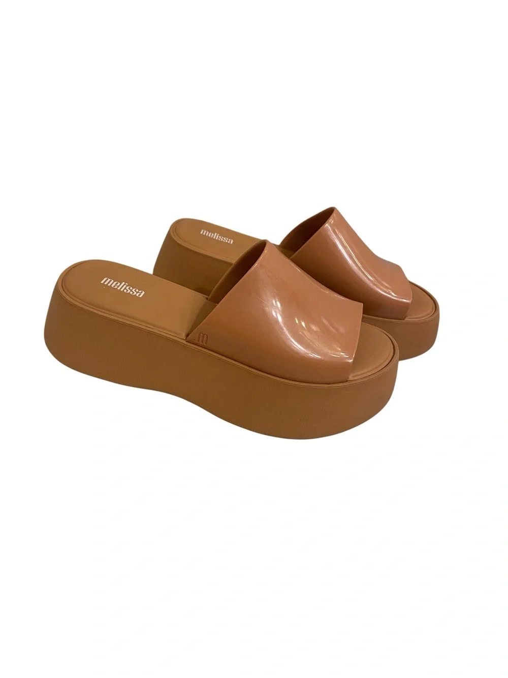 MELISSA WOMENS PLATFORM SLIDES IN CAMEL TAN SIZE 7 CHUNKY TRENDY EXPENSIVE